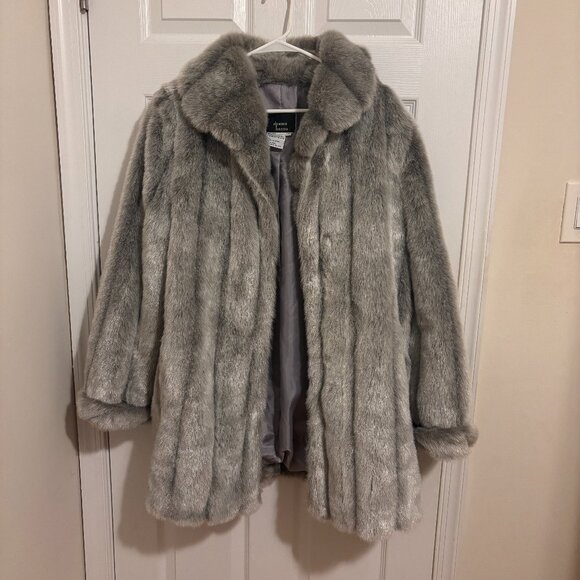 DENNIS BASSO Womens Large Silver Mink Soft Lux Faux Fur Coat Evening Party - Picture 1 of 8